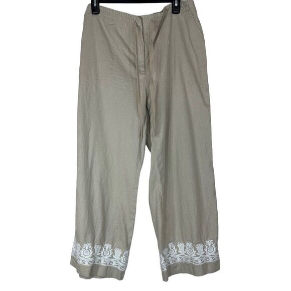 Talbots Tan Linen Blend Boho Embroidered Capri Pants Womens 14 Casual Summer - Picture 1 of 9